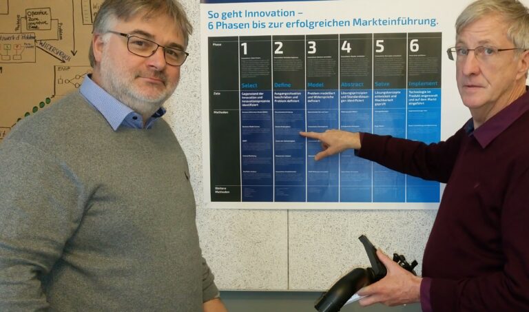 Thomas Seffern und Innovationsberater Thomas Nagel vor der Technologie-Roadmap "6 Phasen bis zur erfolgreichen Markteinführung"