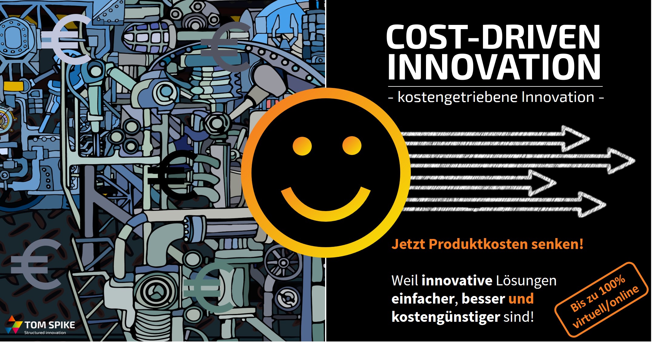 Komplexe Technik mit Smiley zur Visualisierung von Cost-Driven Innovation - TOM SPIKE
