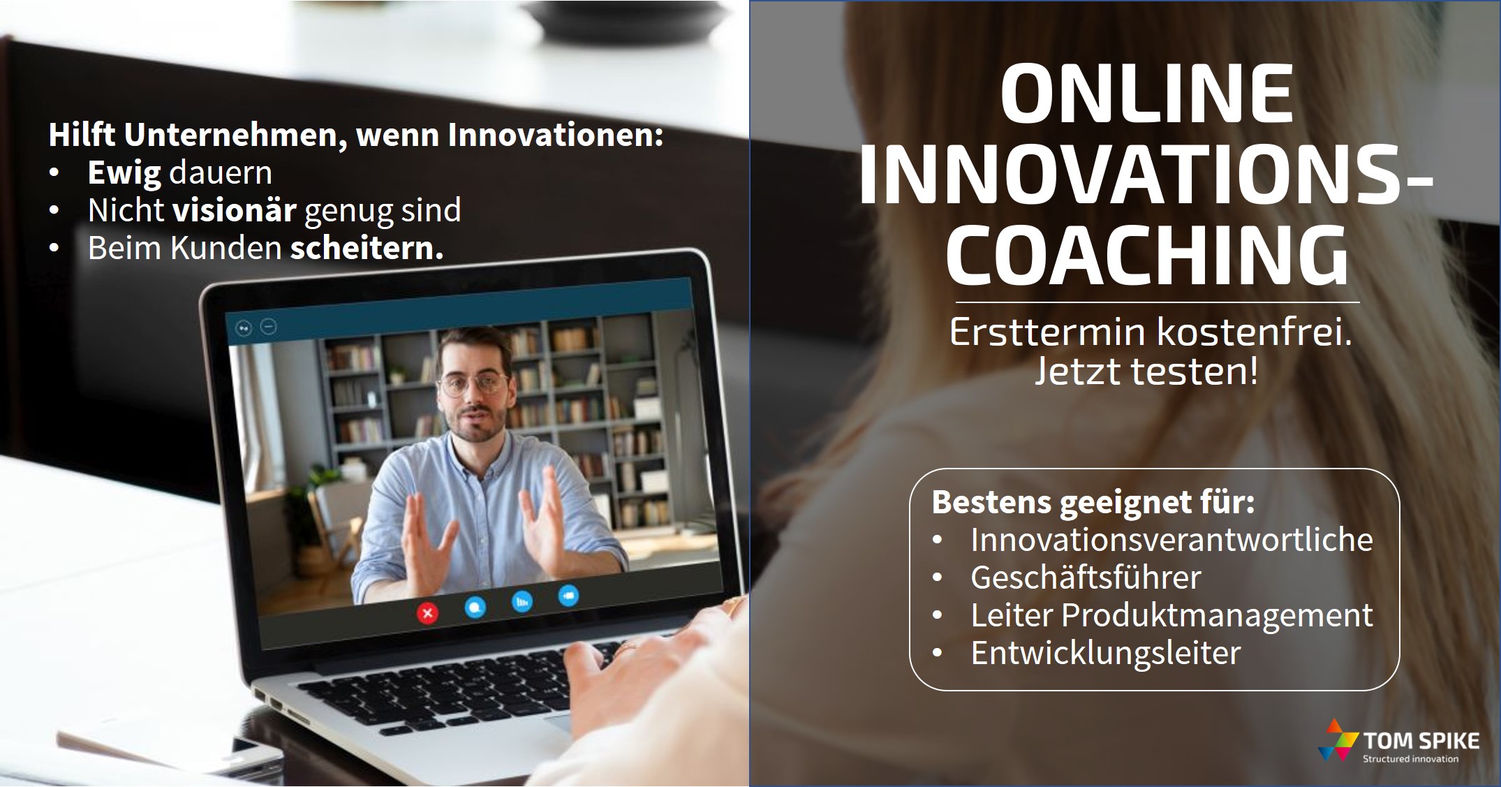 Manager in Videokonferenz und Frau am Laptop als Sybol für Online-Innovationscoaching - TOM SPIKE
