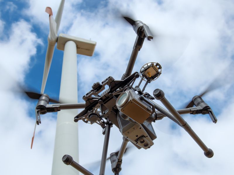 Drohne fliegt Windrad an als Symbol für Prozessinnovation - TOM SPIKE
