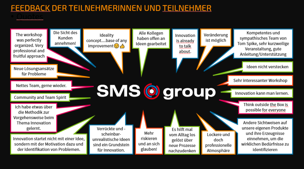 Feedback der Teilnehmerinnen und Teilnehmer der SMS group am Patent-Booster-Workshop bei TOM SPIKE Innovationsberatung.