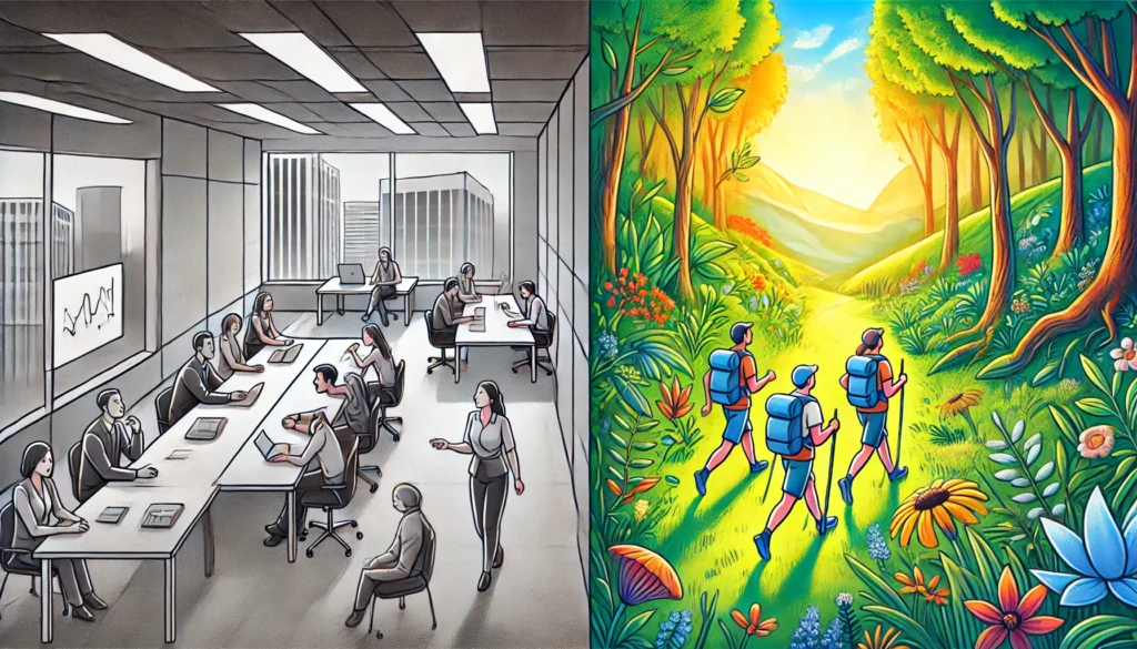 People in a gray office world with desks versus brain walkers for idea development and innovation - TOM SPIKE