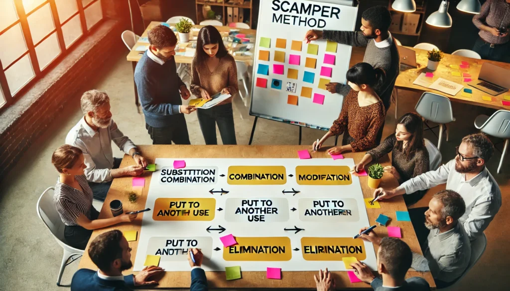 Creative team developing ideas with the SCAMPER method, notes and post-its in the office - TOM SPIKE