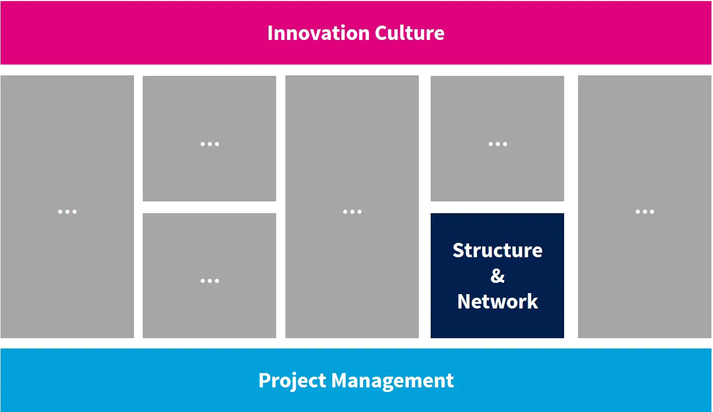 Innovationssystem mit 9 Handlungsfeldern u.a. Culture, Project Management und Structure Network - TOM SPIKE