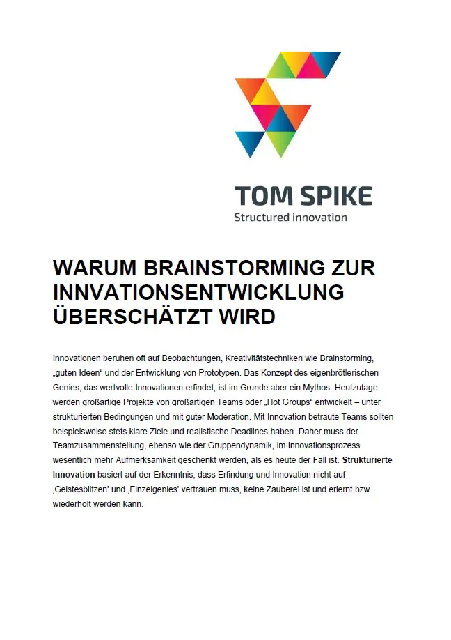 White Paper Cover - Warum Brainstorming zur Innovationsentwicklung überschätzt wird - TOM SPIKE
