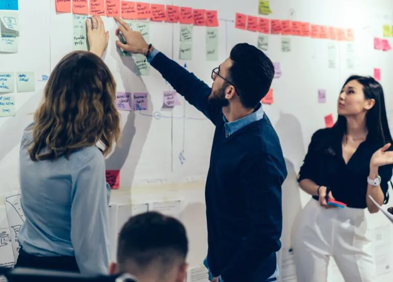 Prozess-Design Team deutet auf Flowchart - TOM SPIKE Structured innovation